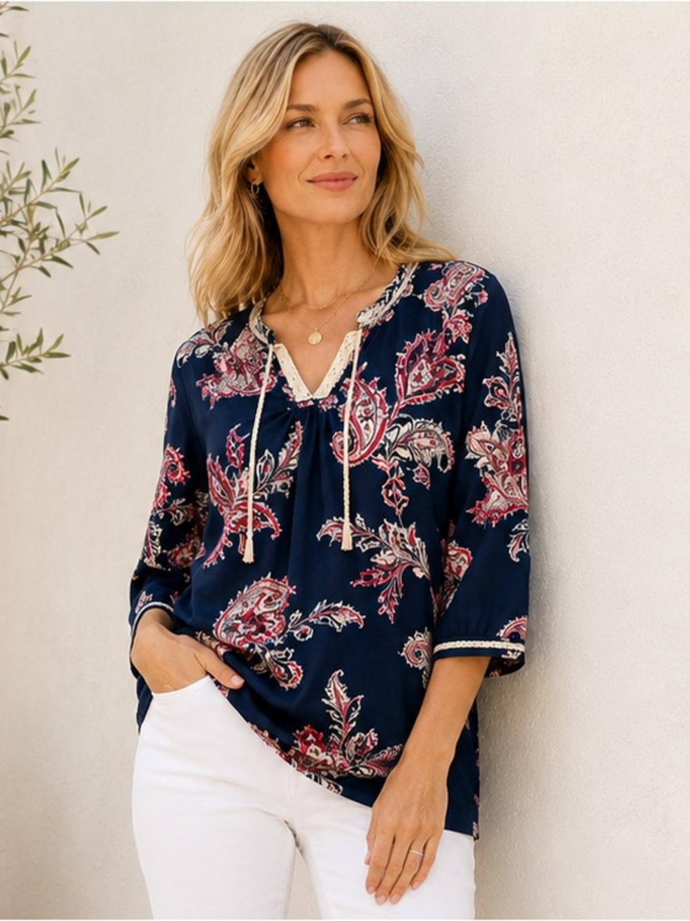 Lucky Brand Navy Blue Paisley Peasant Top with Beaded Neckline & Tassel Ties XS